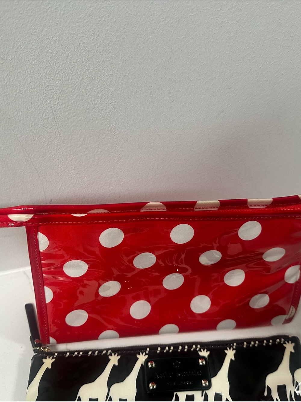 Kate Spade 2 make up pouches: Polka Dot Red & Giraffe Black Patent Pouch Set - Picture 5 of 8